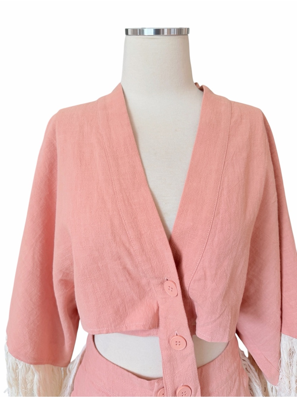 NWT 2PC Nichole Lynel Light Pink Boho Festival Vibes Fringe Jacket & Shorts Sz M - Picture 6 of 12